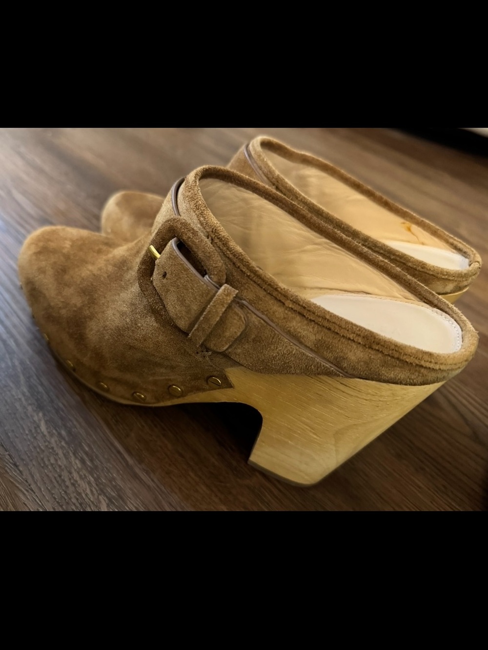 Veronica Beard Tan Suede Clog Mules with Wood Heel